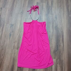 Vtg Y2K Sky Brand Flowy Pink Halter Tunic Top Rhinestone Bling Size Medium